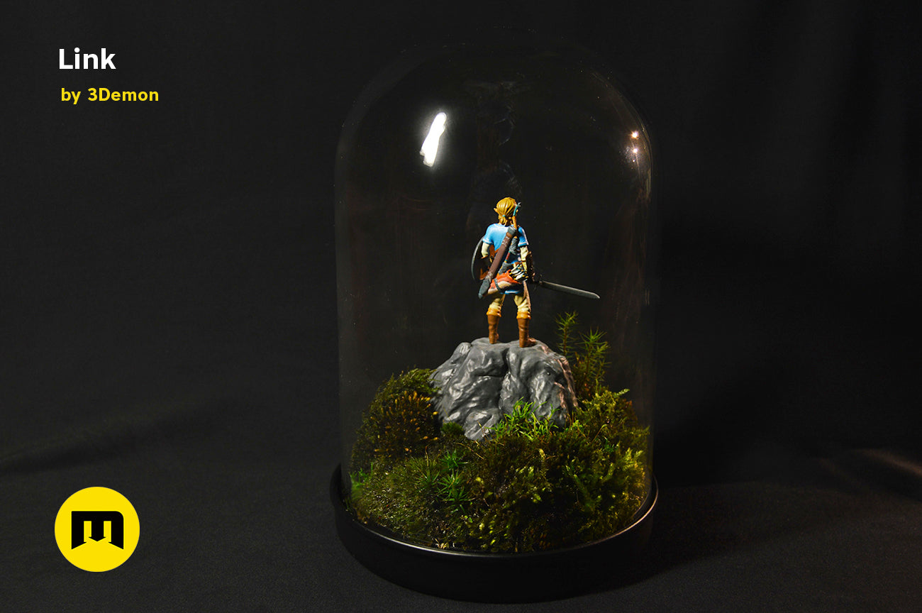 CGI render of BOTW Link Mossarium Figure STL, alternate angle of the design
