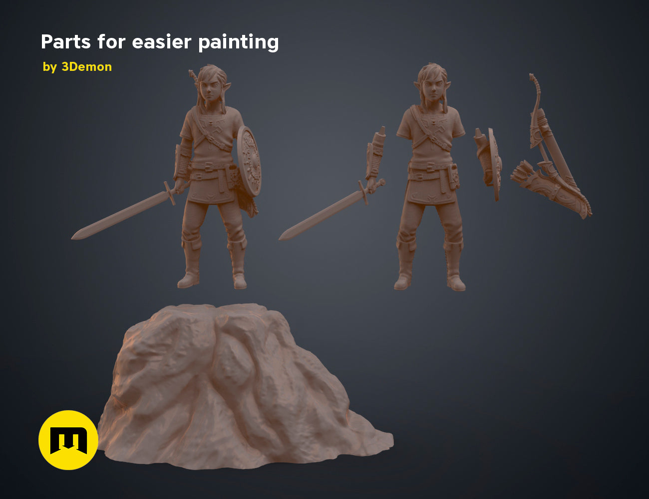 Rendered 3D model of BOTW Link Mossarium Figure STL, front view of the design