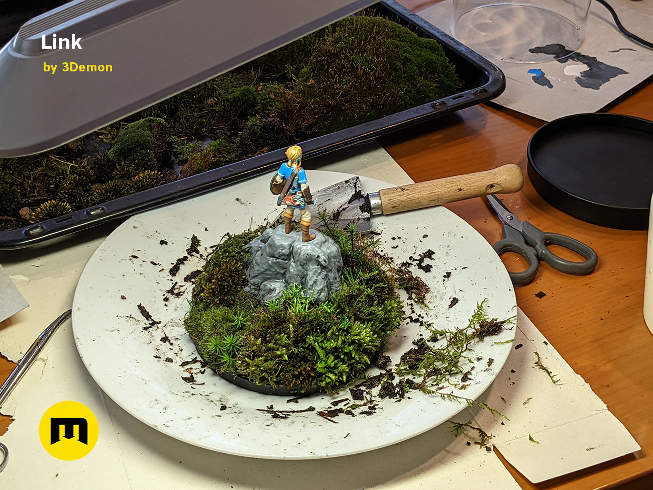 Printable 3D model of BOTW Link Mossarium Figure STL, three-quarter view of the design
