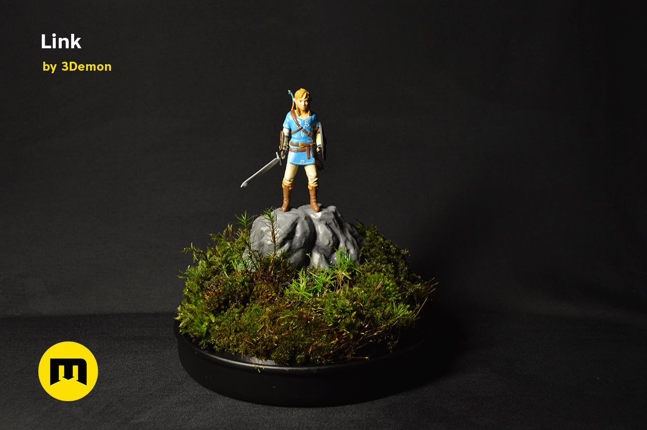 Wireframe mesh render of BOTW Link Mossarium Figure STL, alternate angle of the design