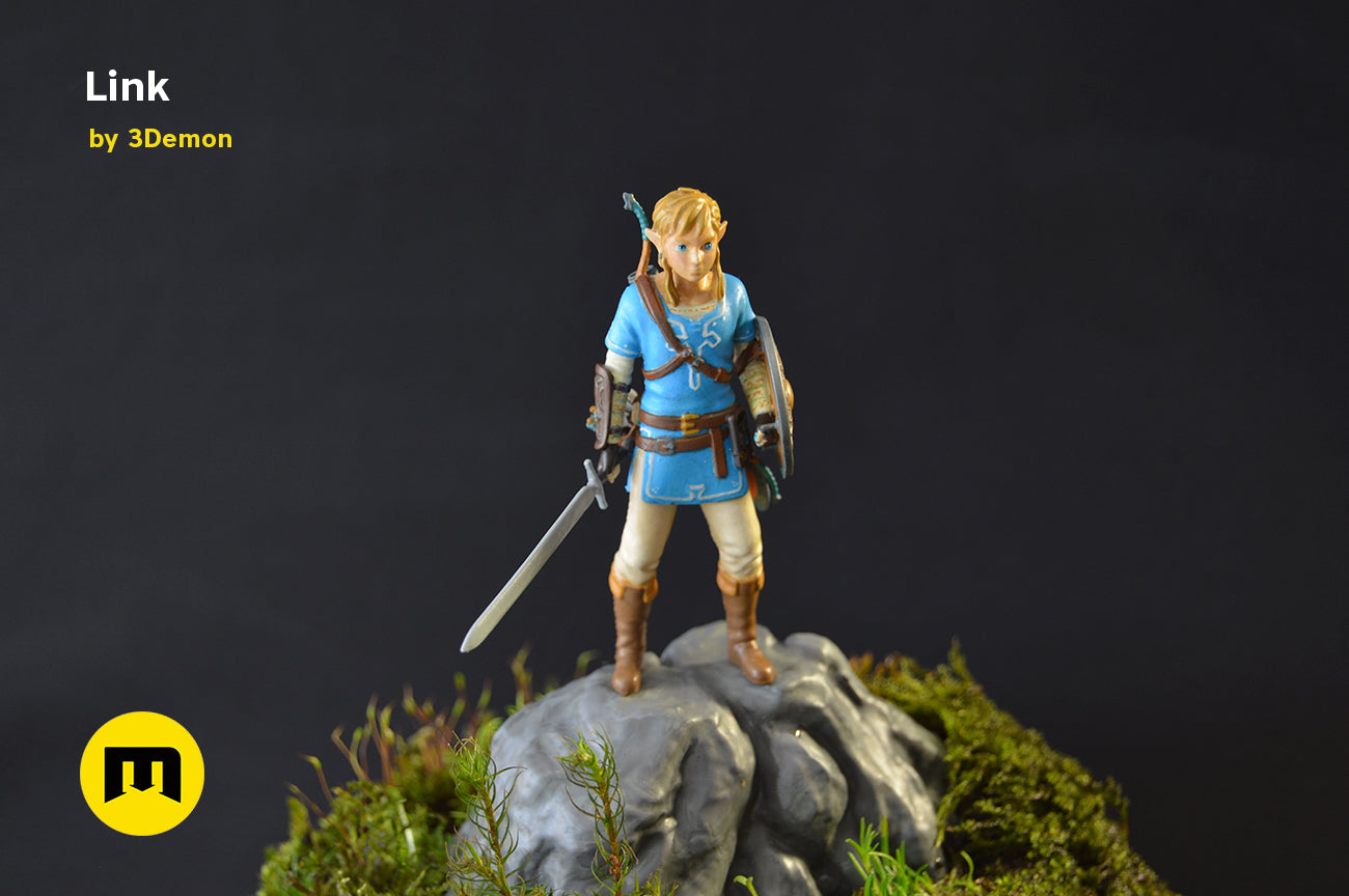 Digital 3D render of BOTW Link Mossarium Figure STL, front view of the design