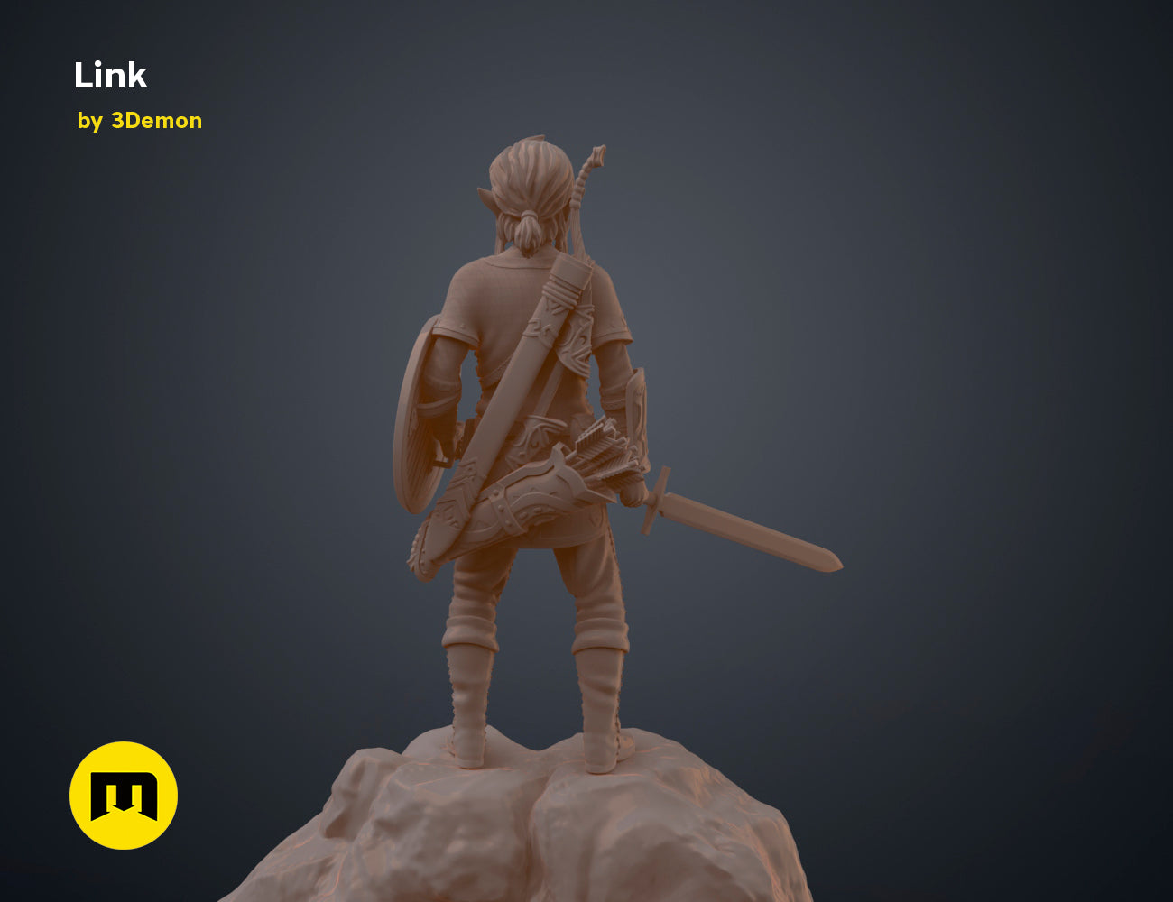Wireframe mesh render of BOTW Link Mossarium Figure STL, alternate angle of the design