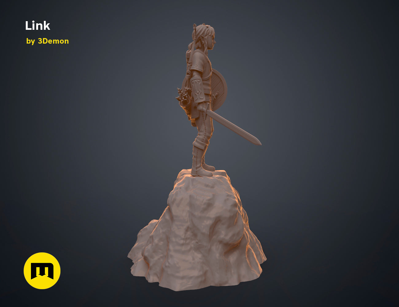 Digital 3D render of BOTW Link Mossarium Figure STL, front view of the design