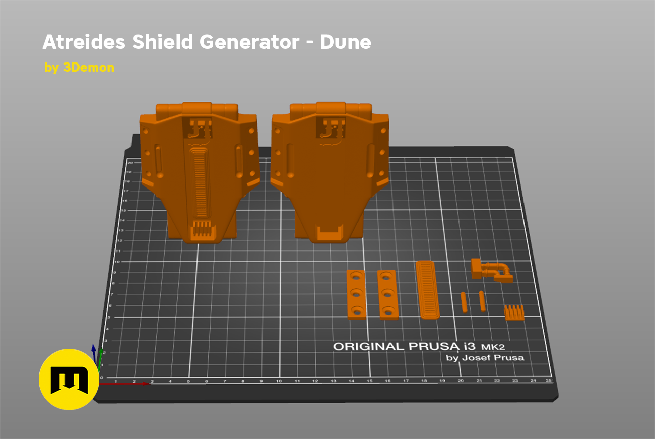 Slicer screenshot of Atreides Shield Generator STL, orange parts on Original Prusa i3 MK2 bed