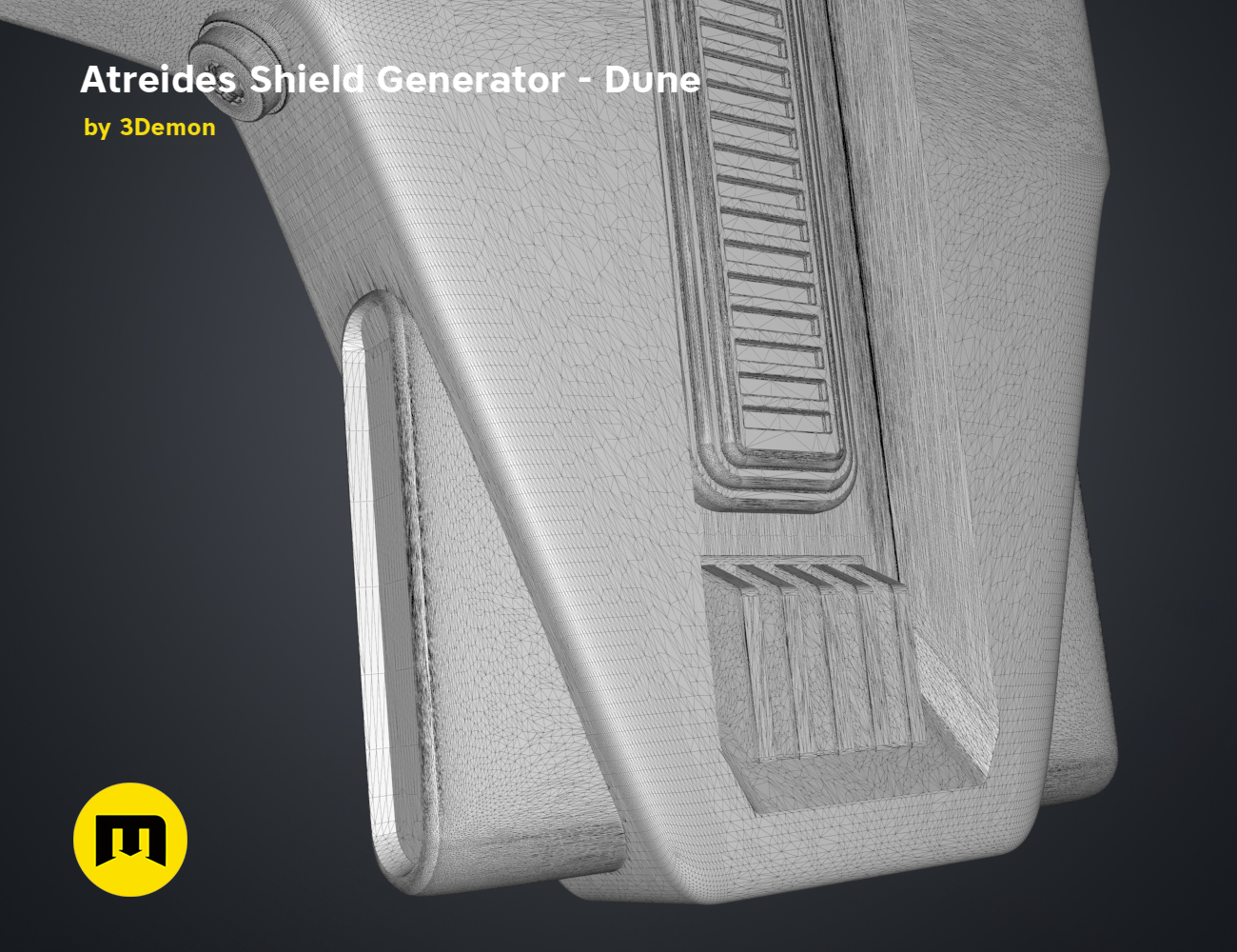 Wireframe mesh render of Atreides Shield Generator - Dune STL, side polygon structure, 3D print cosplay prop