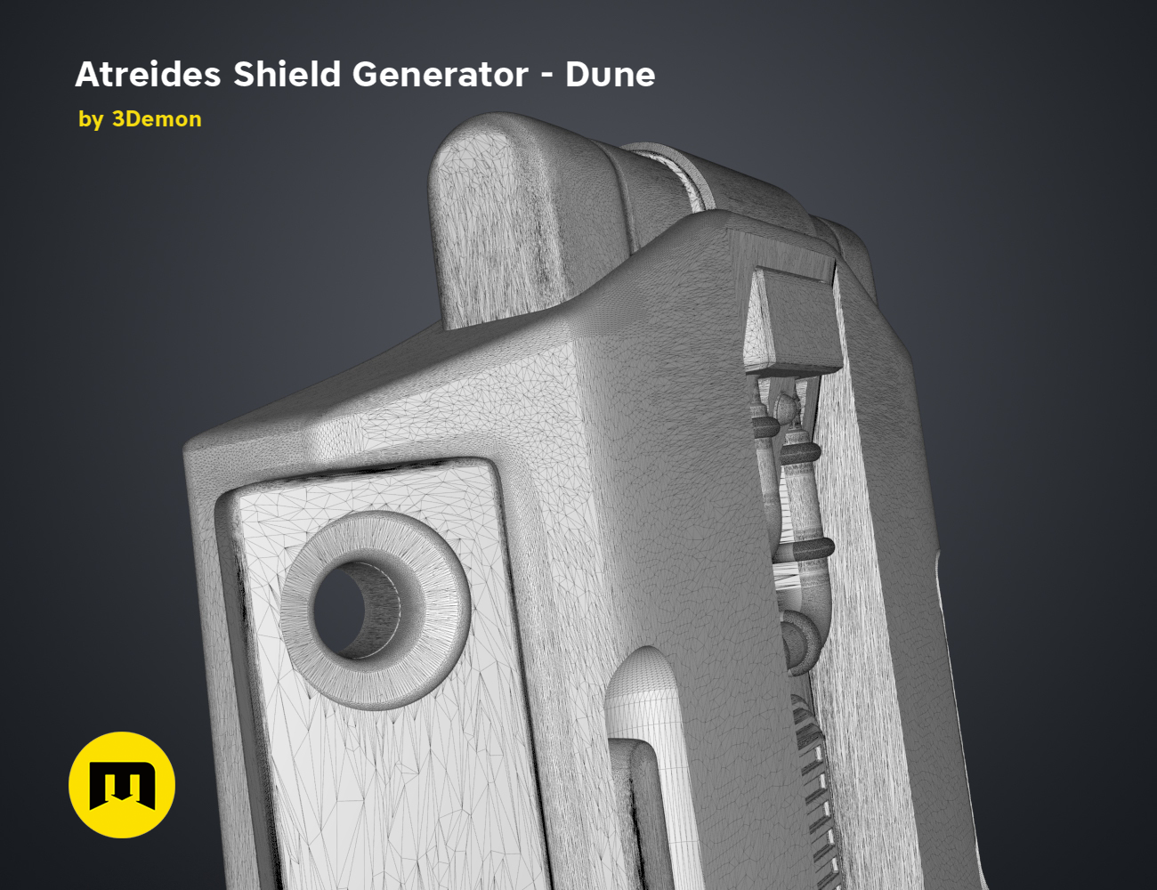 Wireframe mesh render of Atreides Shield Generator STL, side view with bolt detail, Dune cosplay prop
