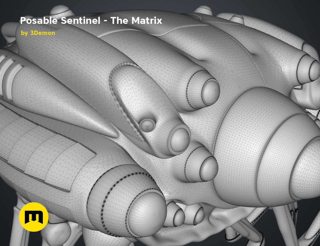 Wireframe mesh render of Posable Sentinel - The Matrix STL, detailed head mesh topology, 3D print cosplay prop