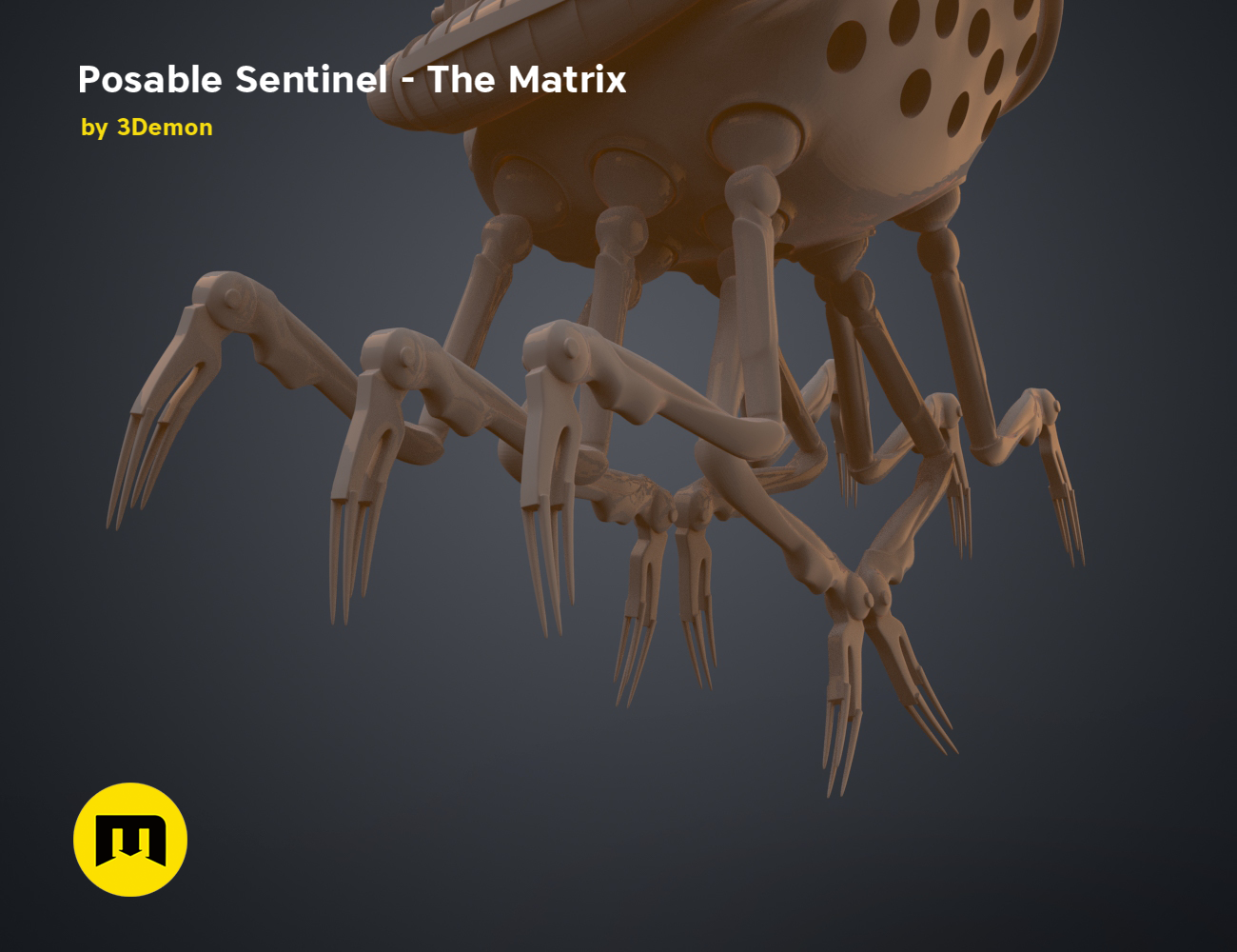 3D visualization of Posable Sentinel - The Matrix, sci-fi robot STL with articulated limbs, 3D print cosplay prop