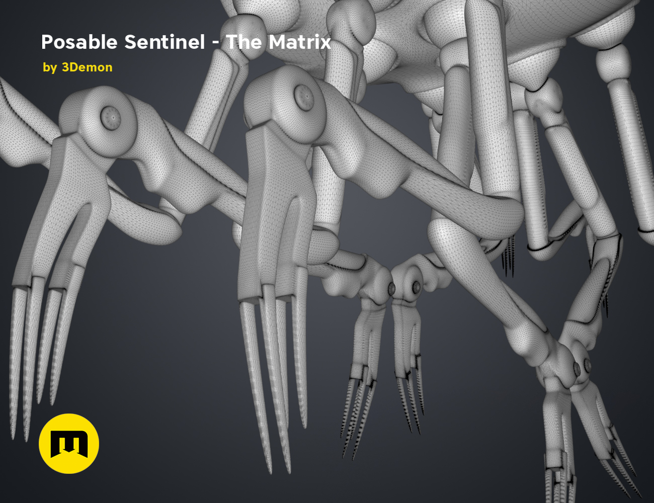 Wireframe mesh render of Posable Sentinel - The Matrix STL, grey mesh topology with articulated limbs, 3D print cospl...