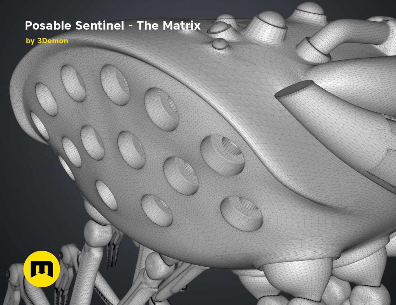 Wireframe mesh render of Posable Sentinel - The Matrix STL, grey mesh topology with sensor detail, 3D print cosplay prop