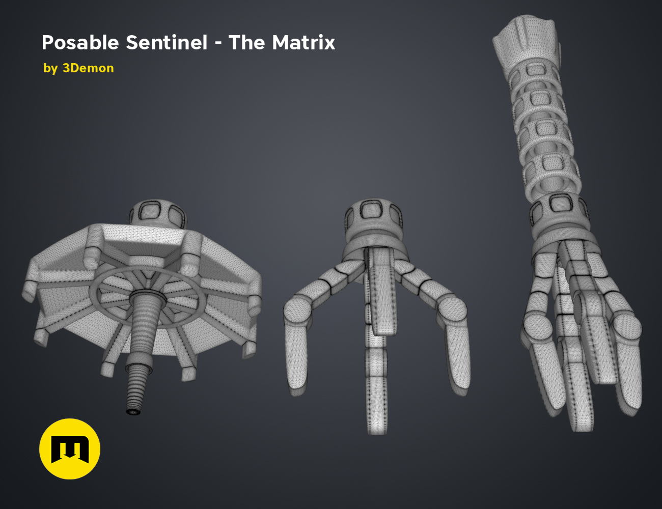 Wireframe mesh render of Posable Sentinel - The Matrix STL, articulated hand and torso mesh topology, 3D print cospla...
