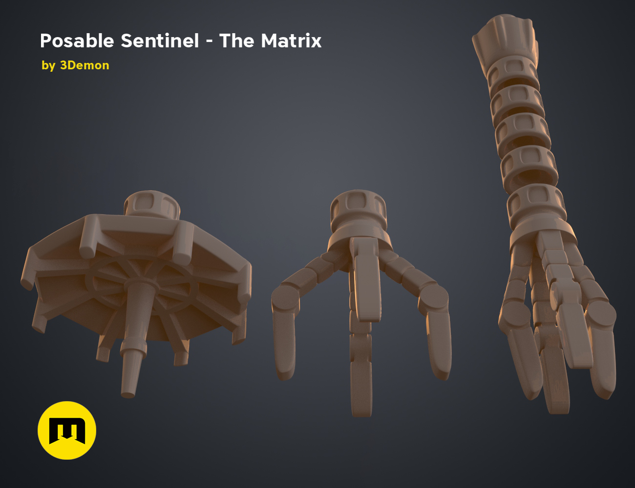 3D model render of Posable Sentinel - The Matrix, articulated robotic hand and arm, 3D print cosplay prop