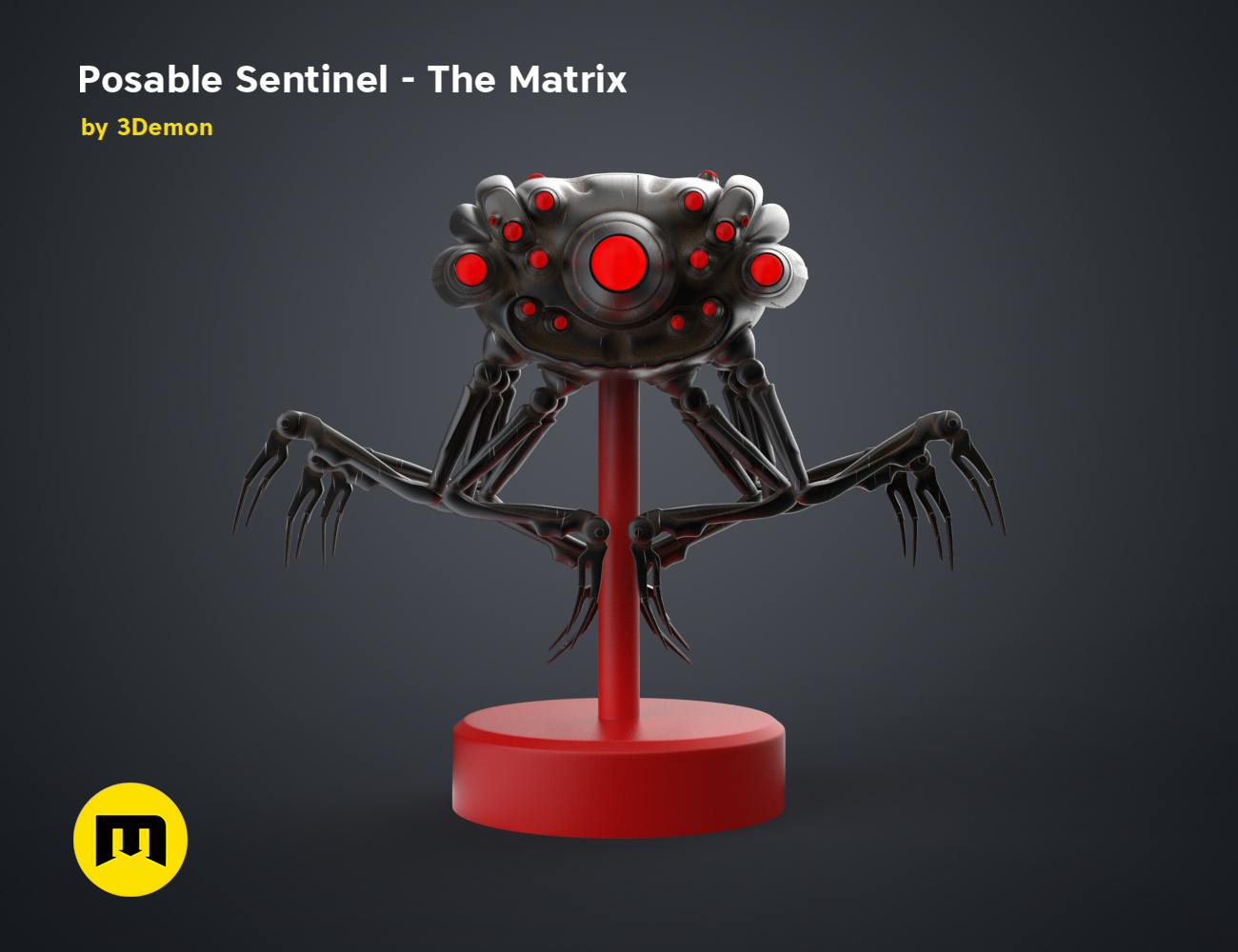 Posable Sentinel - The Matrix 3D print, robotic spider with glowing red eyes, sci-fi cosplay prop