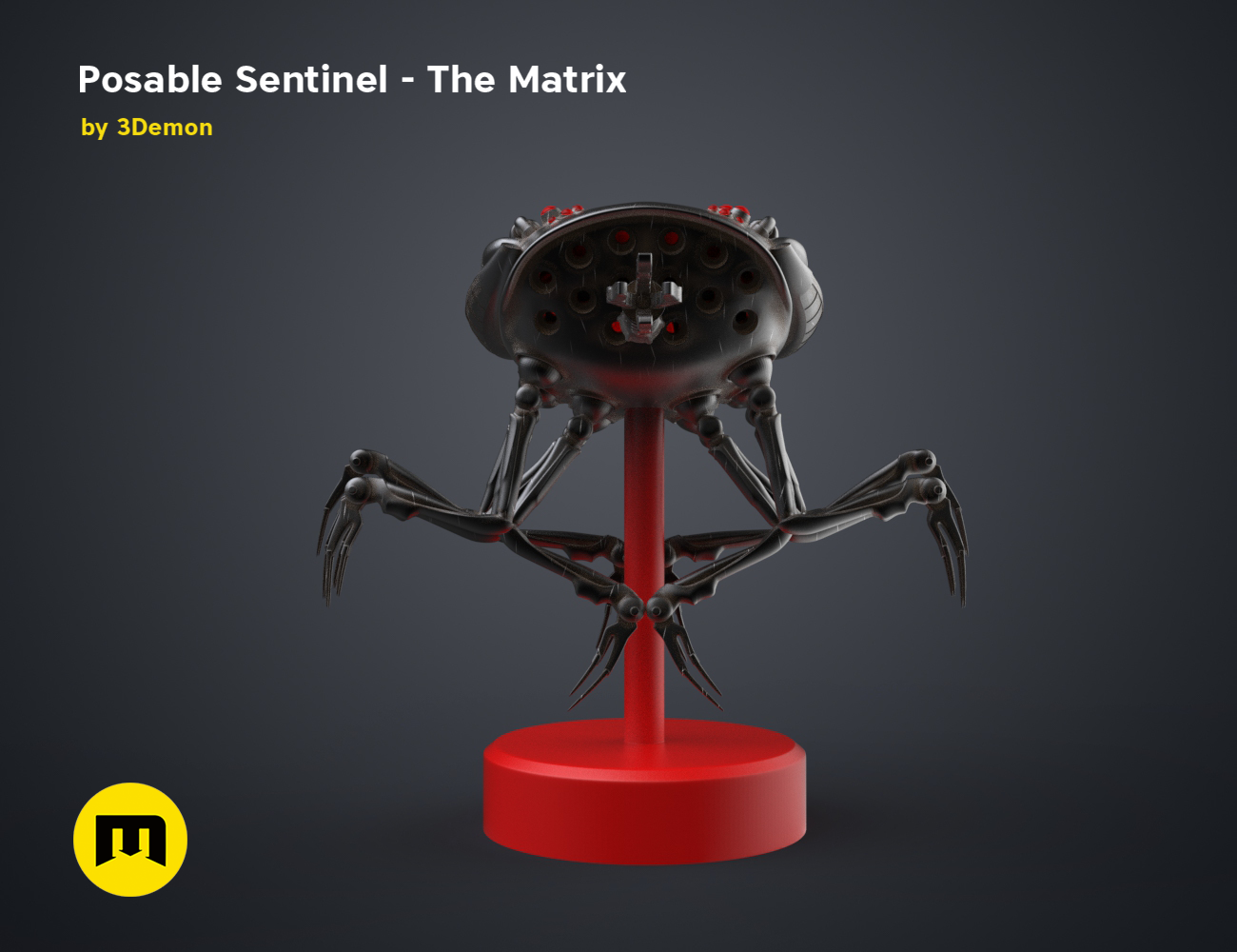 Posable Sentinel - The Matrix 3D model render, black spider-like security bot, 3D print cosplay prop