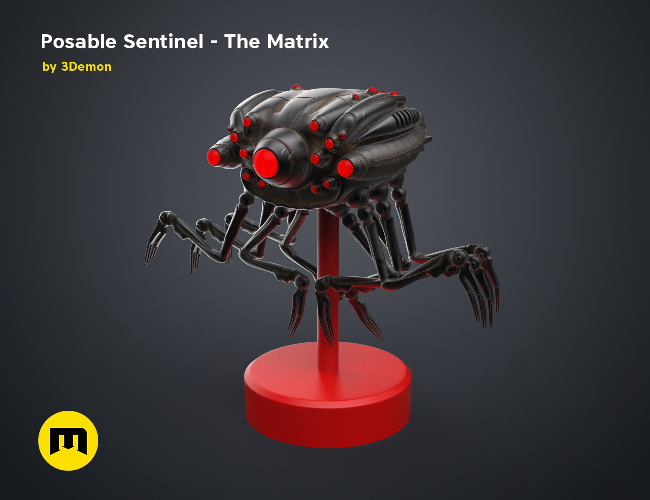 Posable Sentinel - The Matrix 3D model render, black robotic spider with red eyes, 3D print cosplay prop