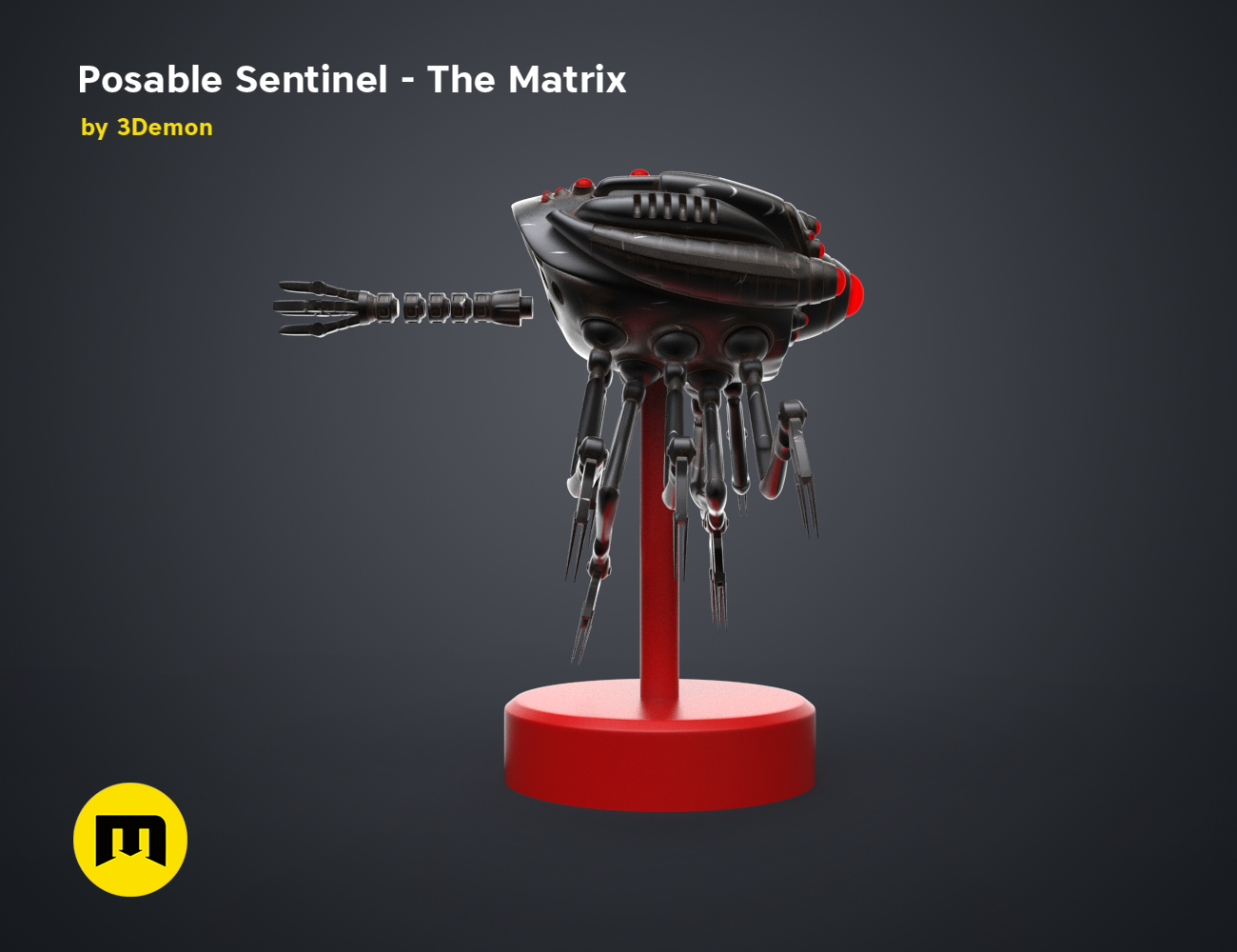 Posable Sentinel - The Matrix 3D model render, black sci-fi security drone with articulated legs, 3D print cosplay prop