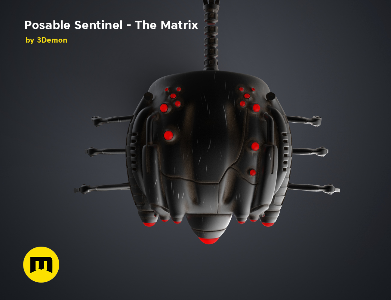 Posable Sentinel - The Matrix STL, black sci-fi cosplay prop with red emitter lights, 3D print
