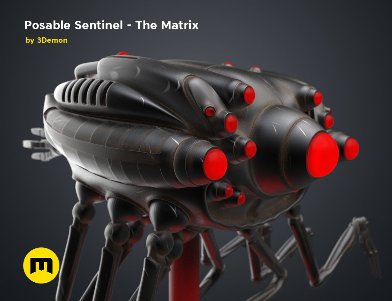 Posable Sentinel - The Matrix 3D model, black sci-fi robot with red emitter lights, 3D print cosplay prop