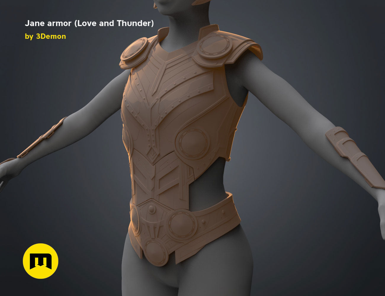 3D model render of Jane armor (Love and Thunder), brown sci-fi cosplay prop, front view