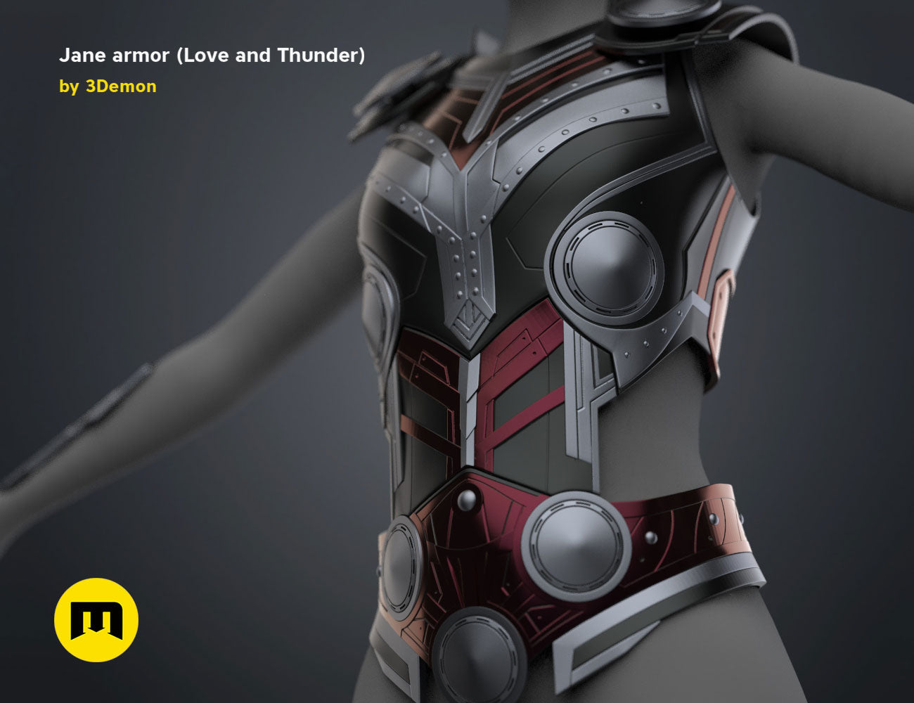 3D model render of Jane armor (Love and Thunder), detailed futuristic cosplay prop, rear view