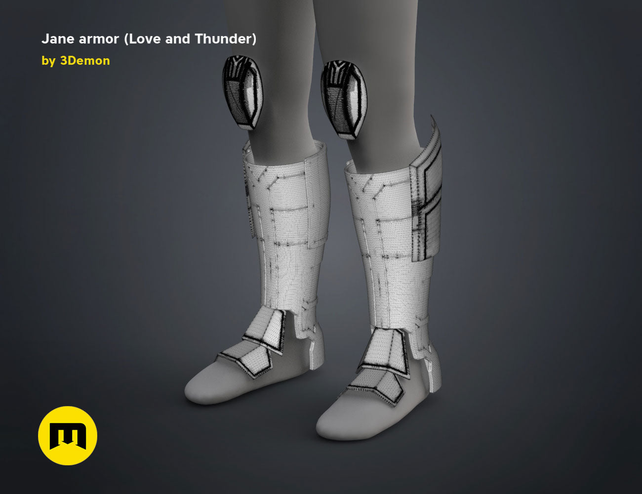 3D model render of Jane armor (Love and Thunder), detailed knee-high cosplay prop with knee guards