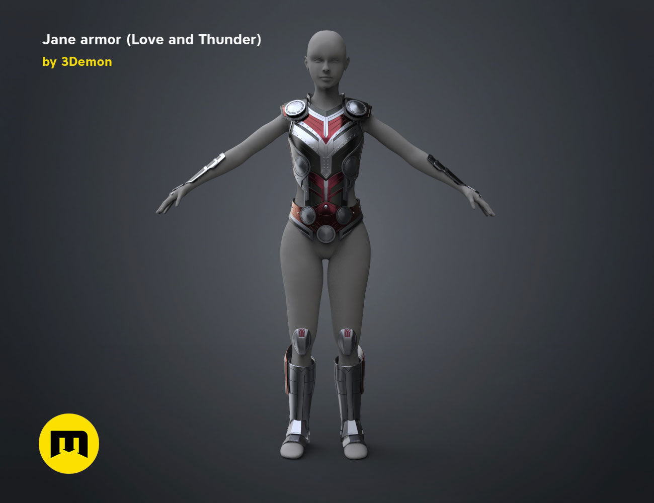 3D model render of Jane armor (Love and Thunder), futuristic cosplay prop with red accents, 3D print