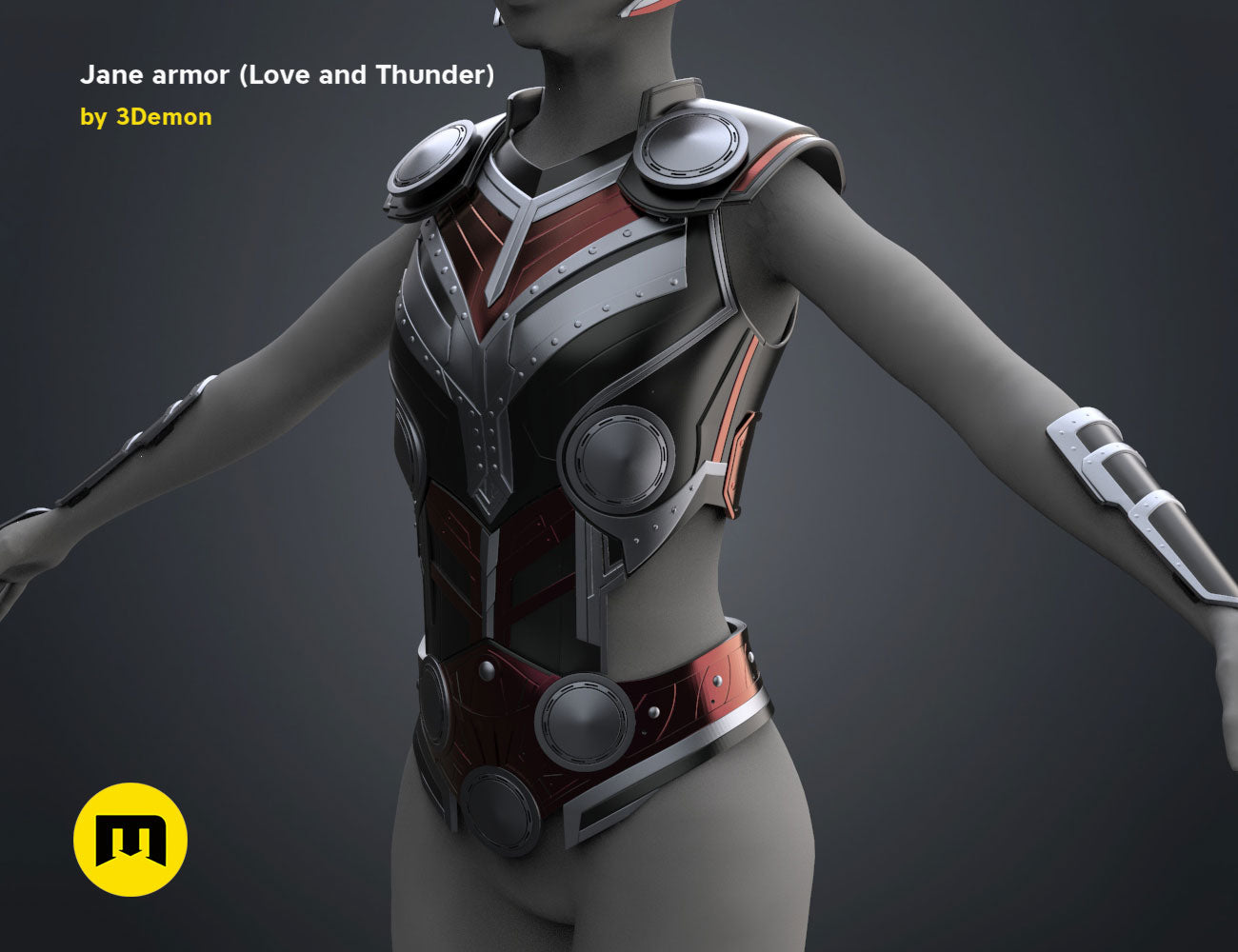 3D model render of Jane armor (Love and Thunder), futuristic cosplay prop with red accents, front view