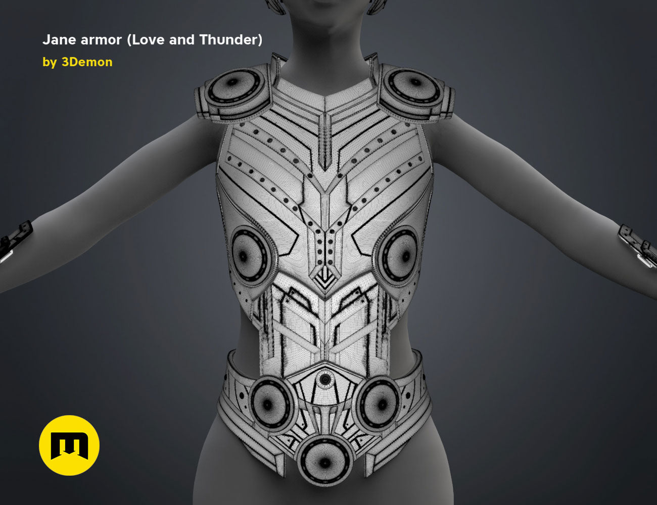 3D model render of Jane armor (Love and Thunder), futuristic cosplay chest plate with speaker grilles