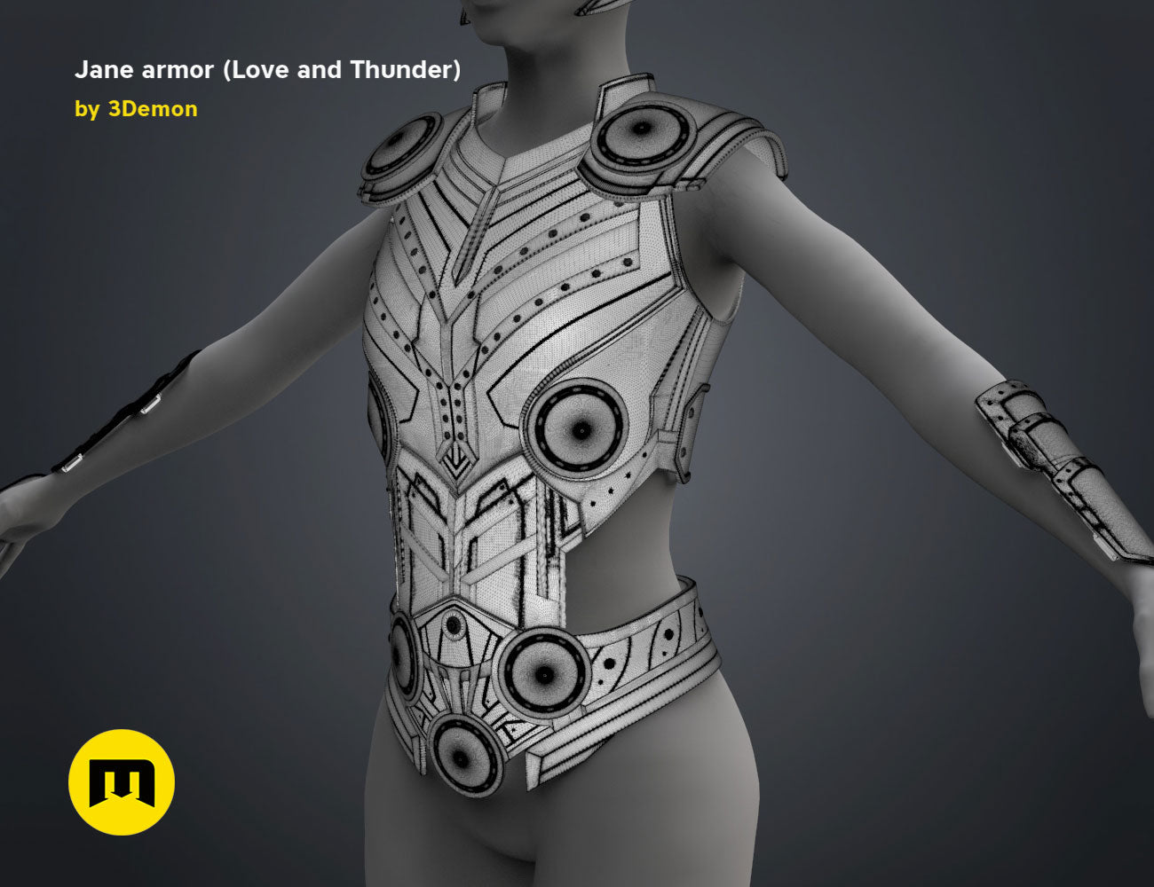 3D model render of Jane armor (Love and Thunder), futuristic cosplay prop with circular accents