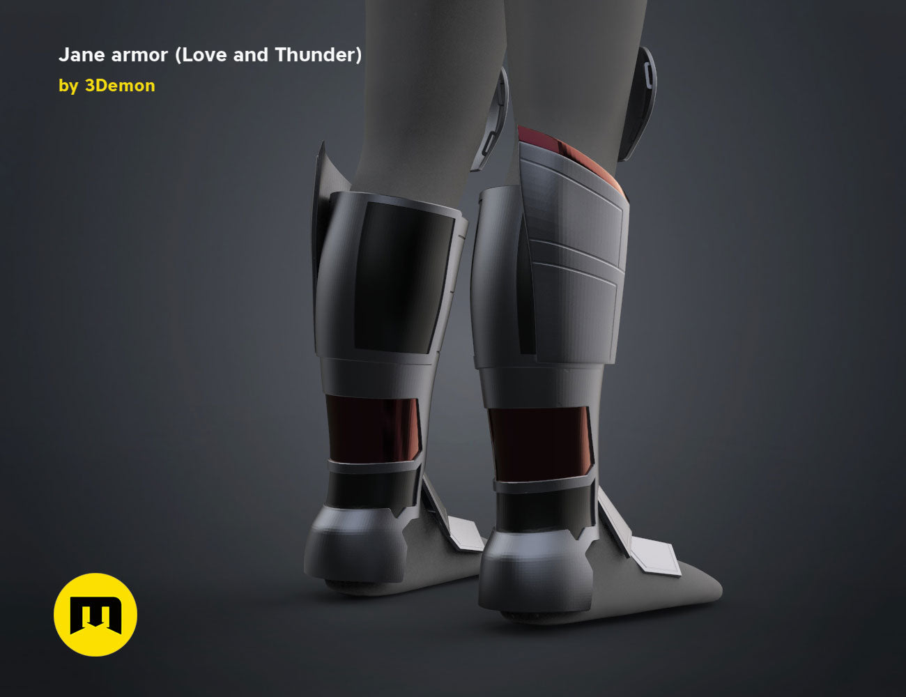 3D model render of Jane armor (Love and Thunder), grey futuristic leg armor, 3D print cosplay prop