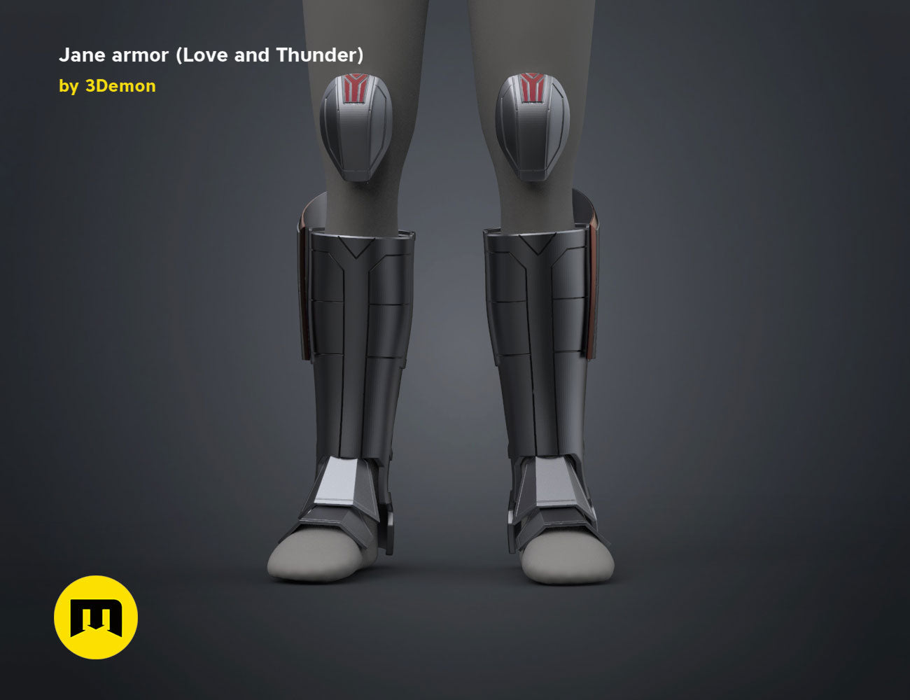 3D model render of Jane armor (Love and Thunder), grey futuristic cosplay legs with knee thrusters, 3D print