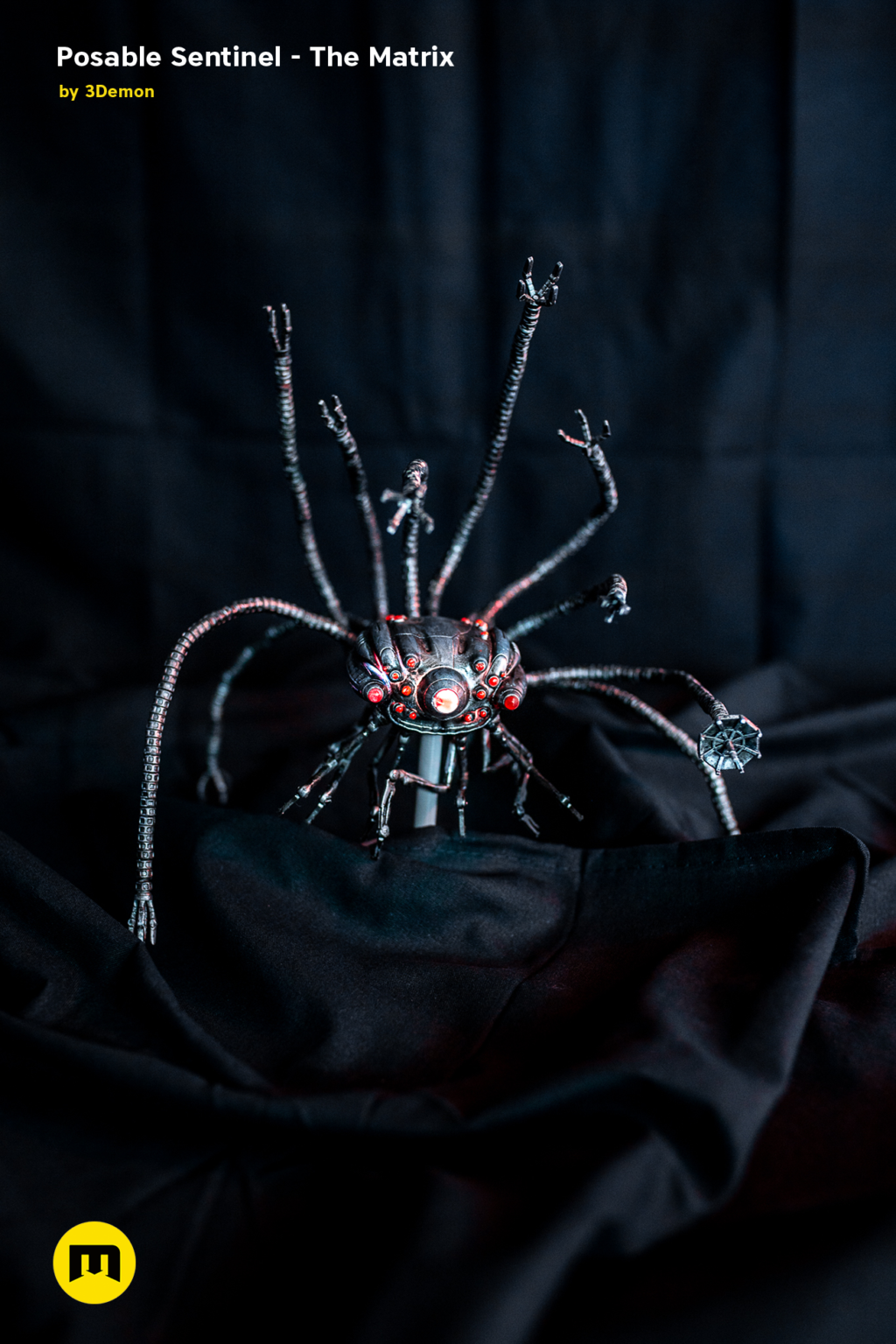 3D model render of Posable Sentinel - The Matrix, robotic spider with red LED eyes, 3D print cosplay prop