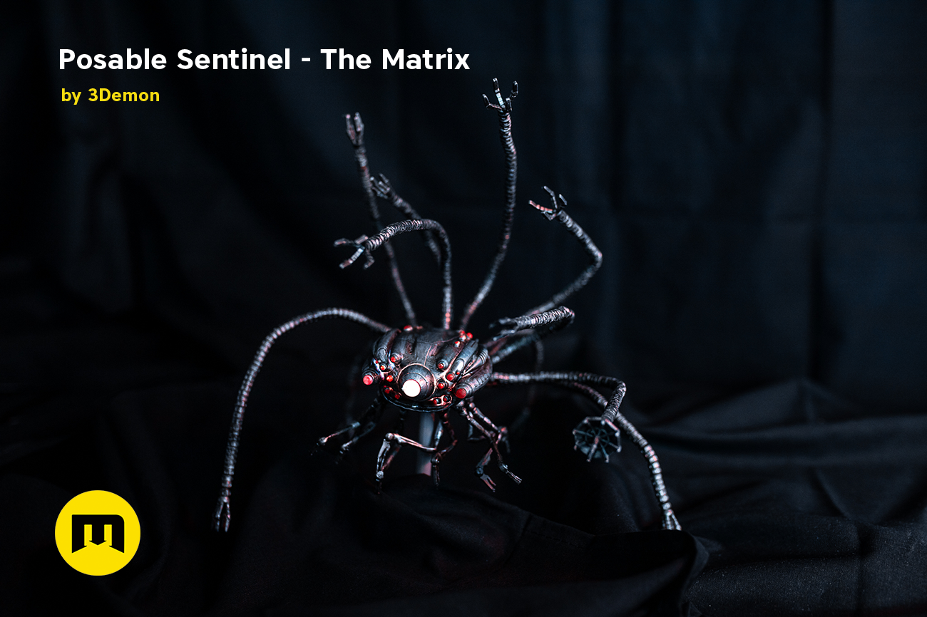 3D model render of Posable Sentinel - The Matrix, robotic spider with glowing red eyes, 3D print cosplay prop