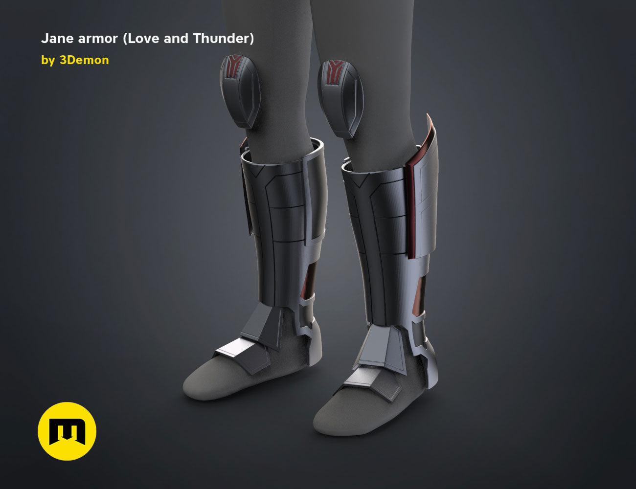 3D visualization of Jane armor (Love and Thunder), metallic grey cosplay prop with knee guards, 3D print