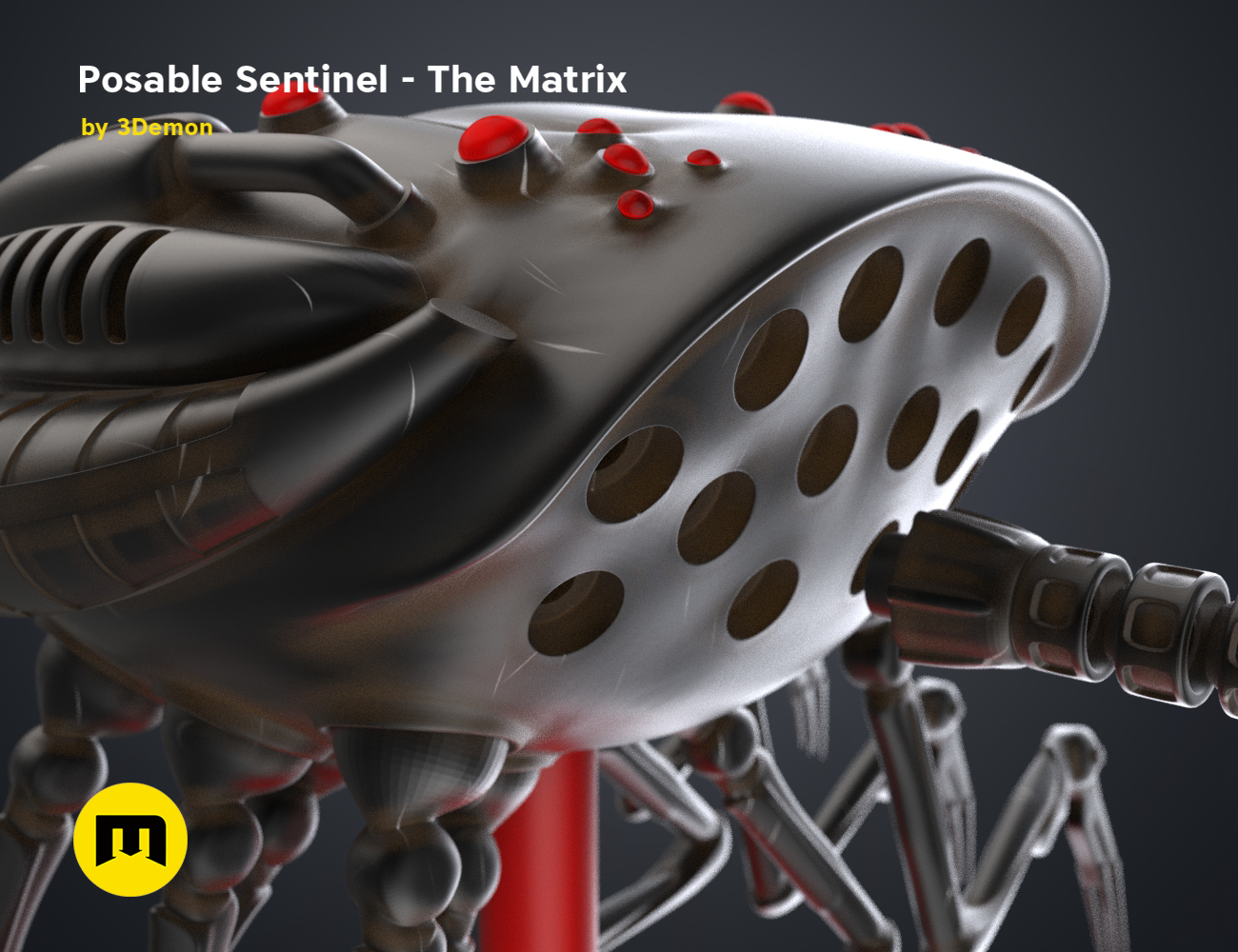 3D visualization of Posable Sentinel - The Matrix, grey sci-fi robot head with red sensor dots, 3D print cosplay prop.