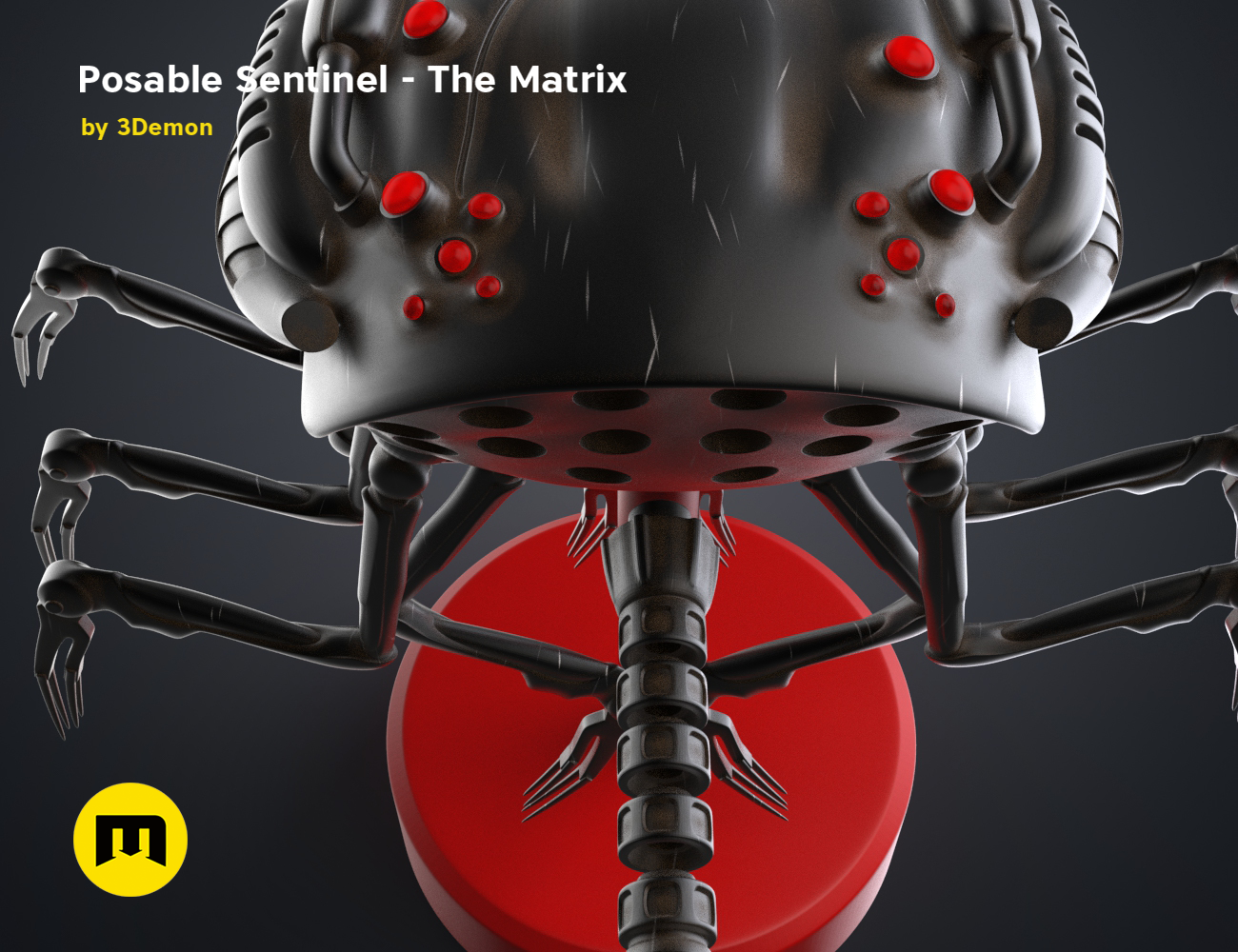 Posable Sentinel - The Matrix STL, grey robotic spider with red emitter eyes, 3D print cosplay prop