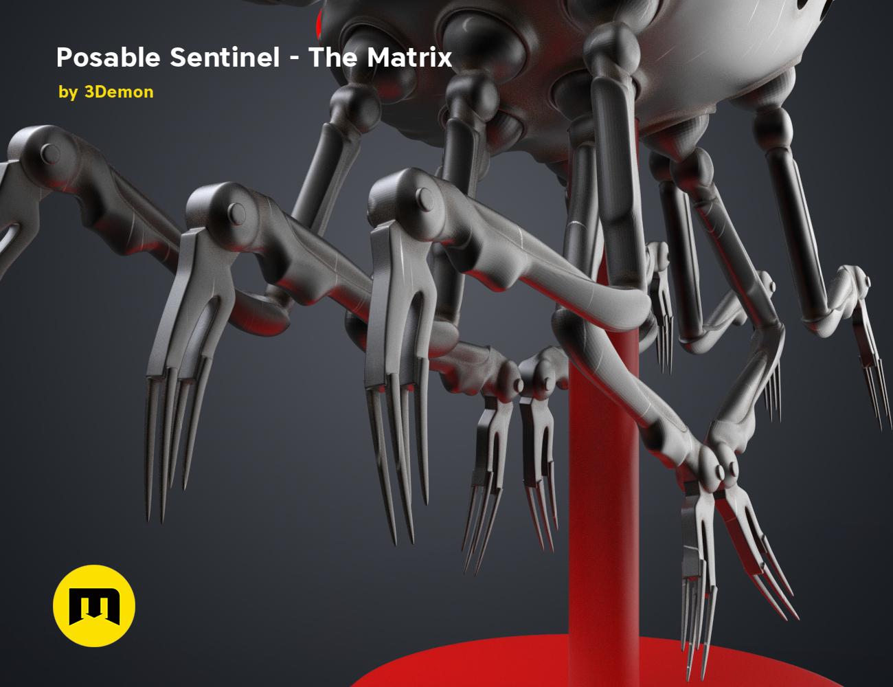Posable Sentinel - The Matrix STL, grey metallic 3D print cosplay prop, side view