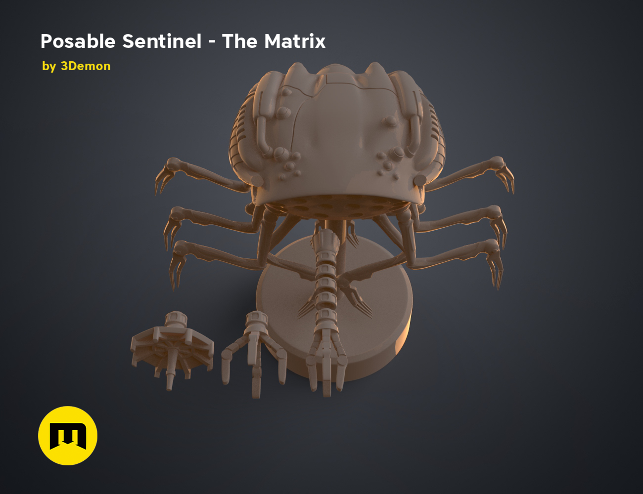 Posable Sentinel - The Matrix 3D model render, eight-legged robot with segmented body, 3D print cosplay prop