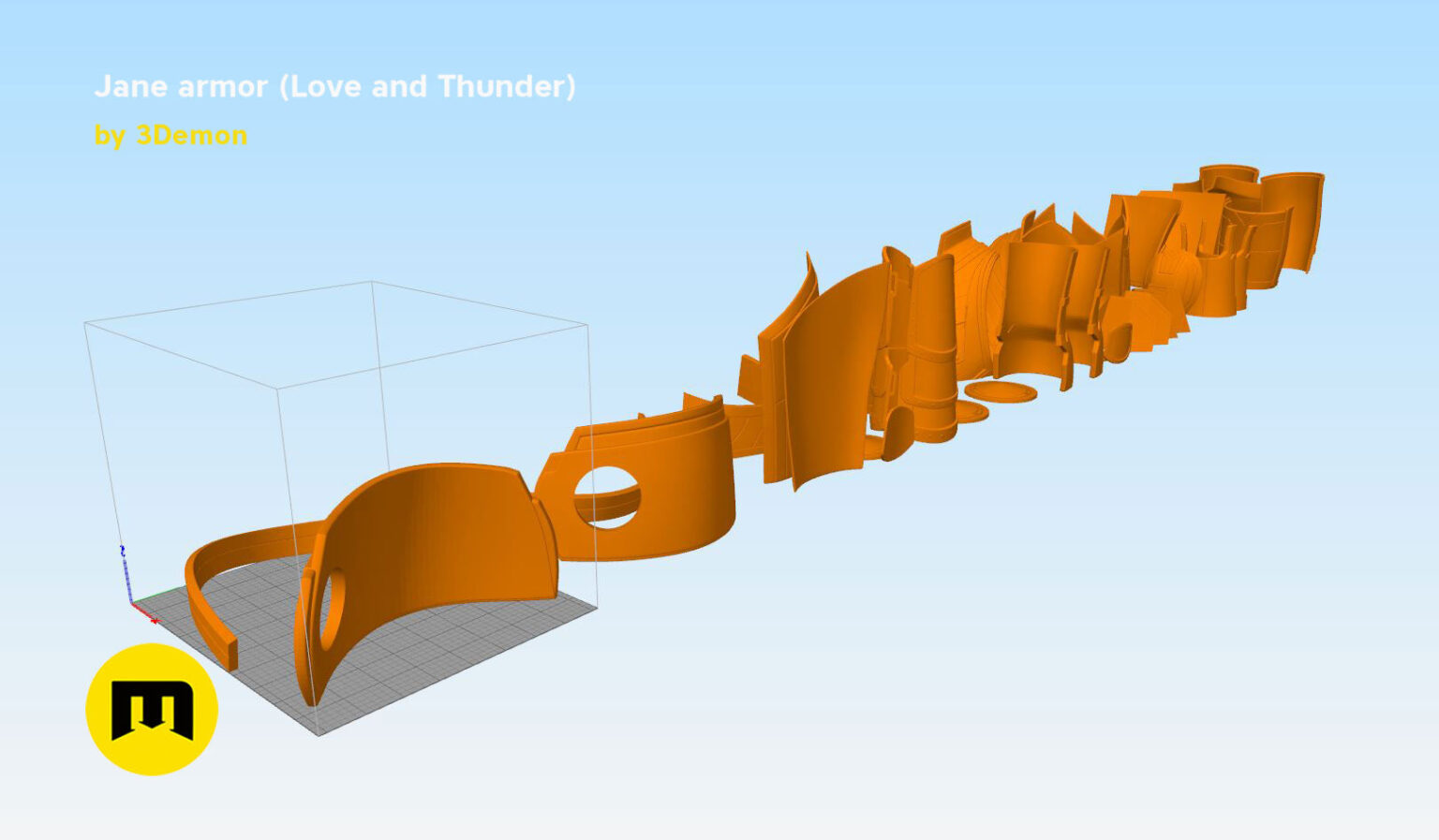 Color-coded parts breakdown of Jane armor (Love and Thunder), exploded view 3D print cosplay prop