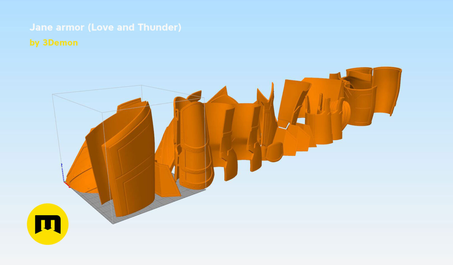 Color-coded parts breakdown of Jane armor (Love and Thunder), exploded view of 3D print cosplay prop