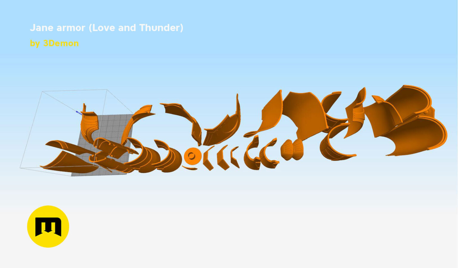 Slicer screenshot of Jane armor (Love and Thunder) STL, orange parts on print bed grid
