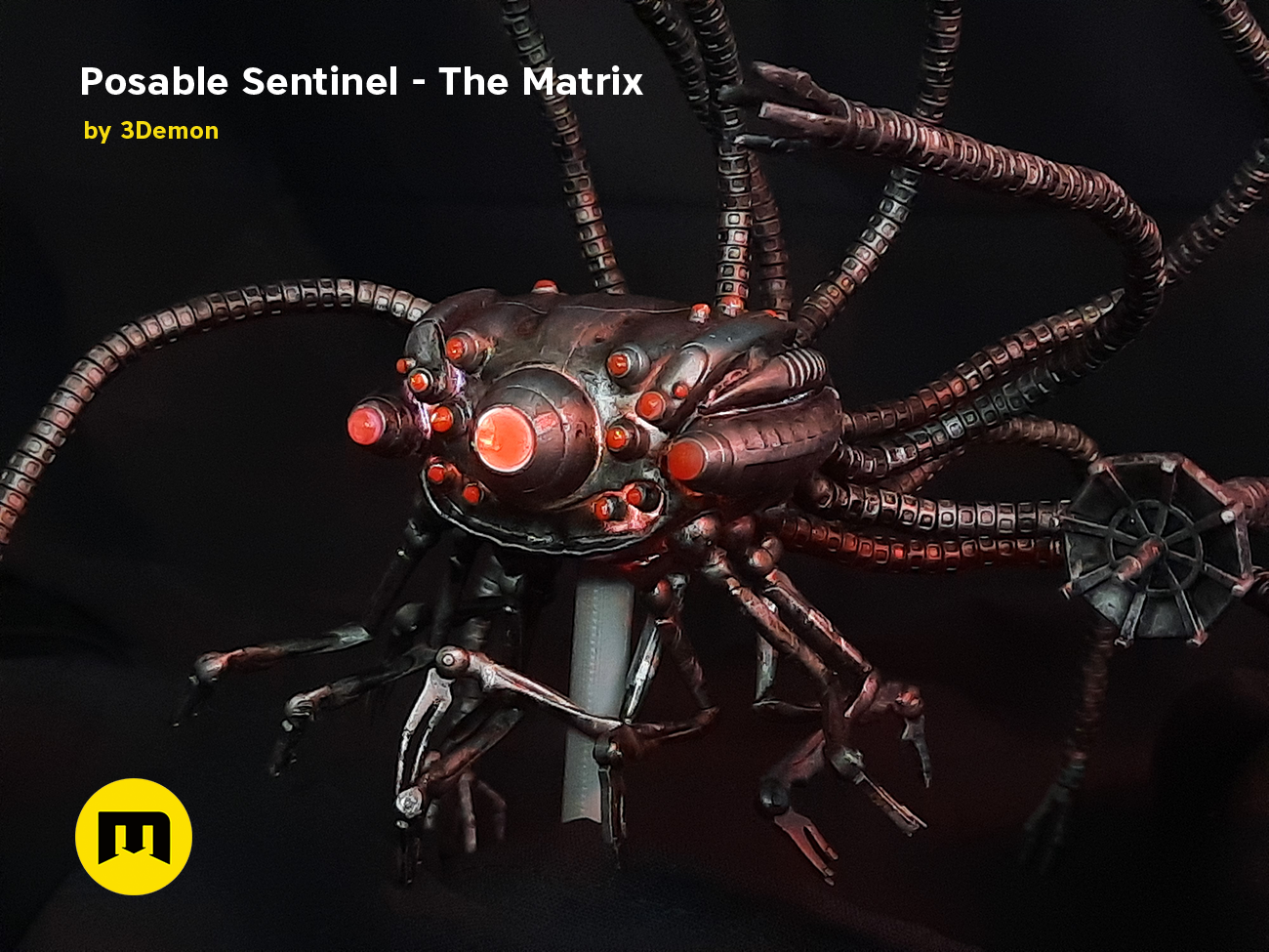 Posable Sentinel - The Matrix 3D print cosplay prop, eight-legged robot with glowing red optics.