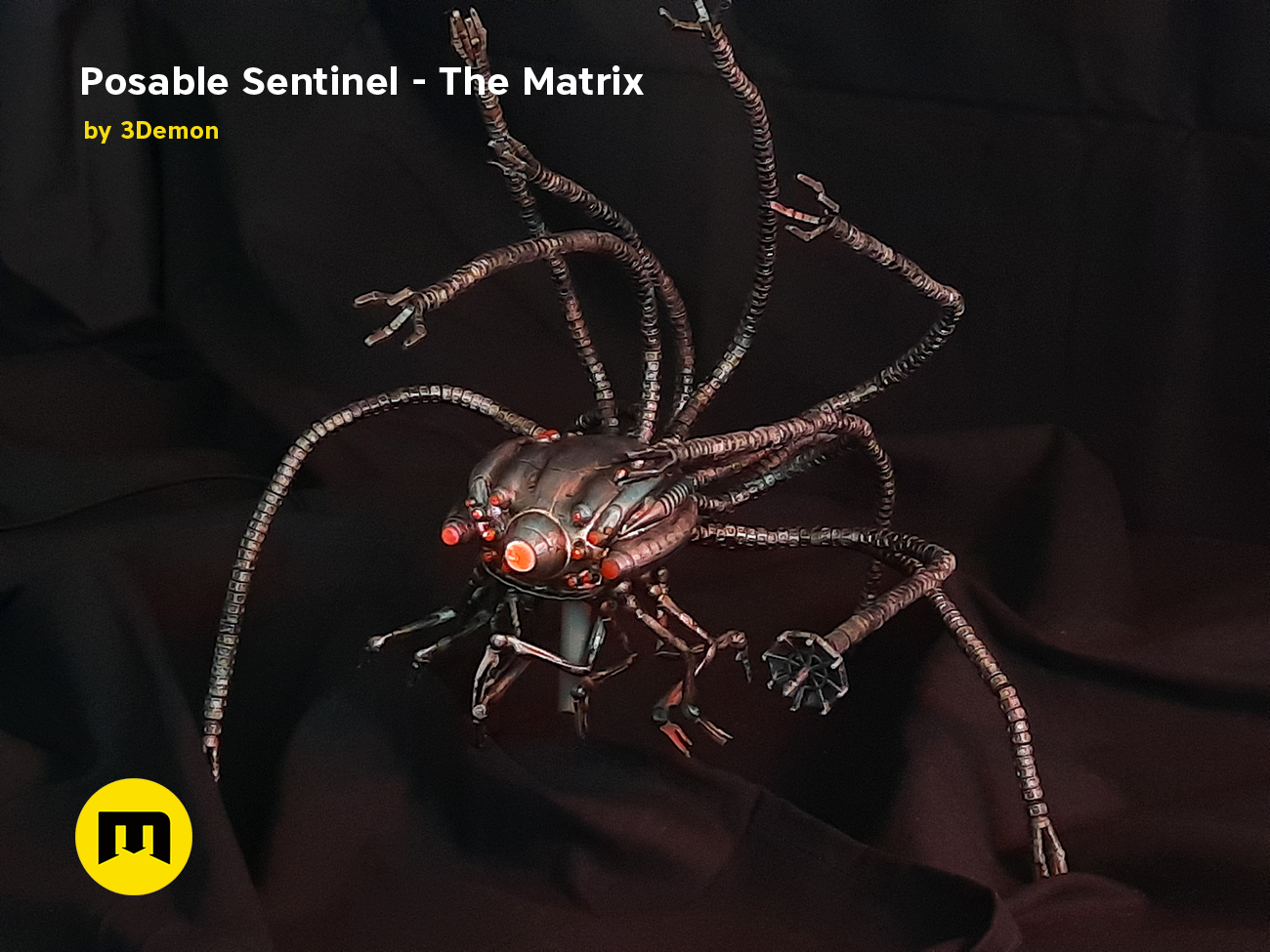 Posable Sentinel - The Matrix 3D print cosplay prop, eight-legged robotic design, dark metallic render