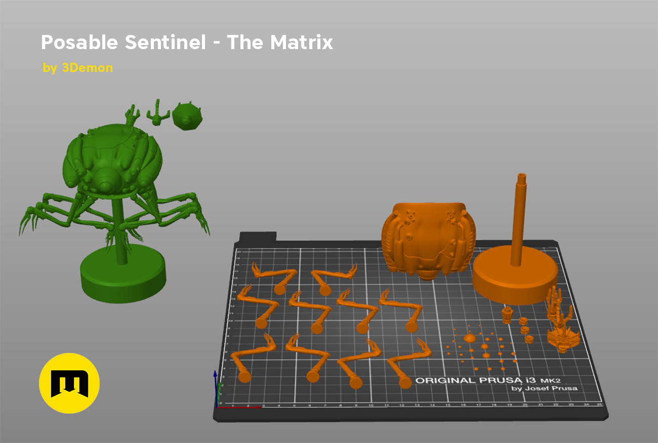 Posable Sentinel - The Matrix STL, orange and green 3D printed sci-fi collectible figure