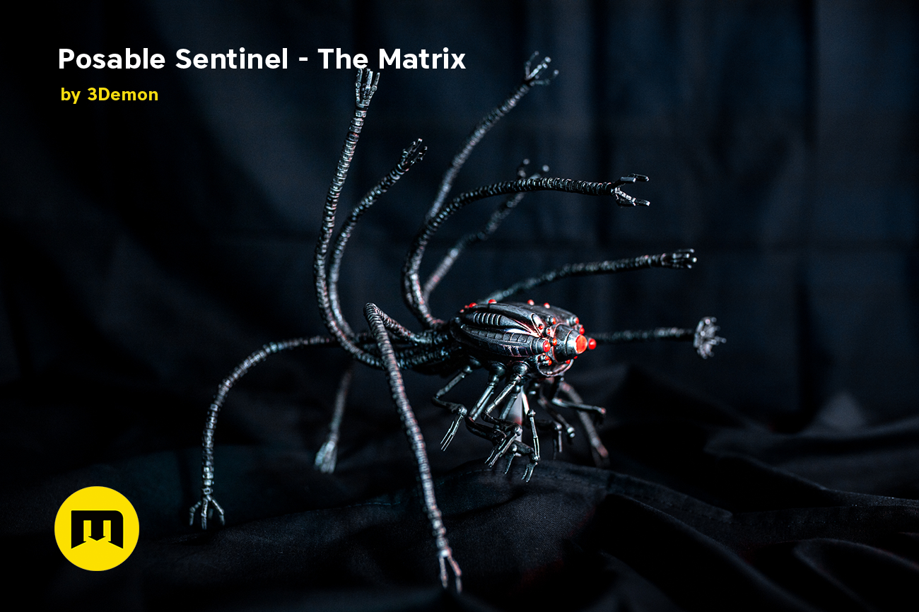 Posable Sentinel - The Matrix STL, robotic spider with red LED eyes, 3D print cosplay prop