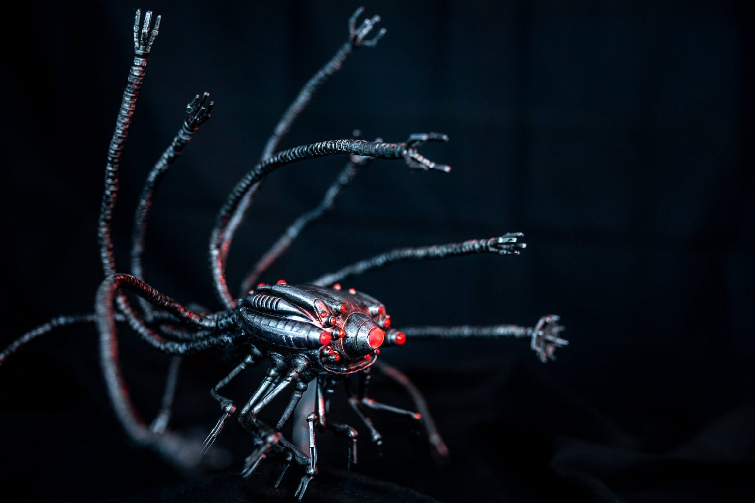 3D model render of Posable Sentinel - The Matrix, sci-fi spider robot with glowing red eyes, 3D print cosplay prop