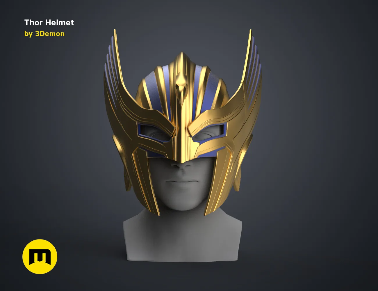 Thor Helmet Love and Thunder cosplay prop, golden 3D print with winged design, front view
