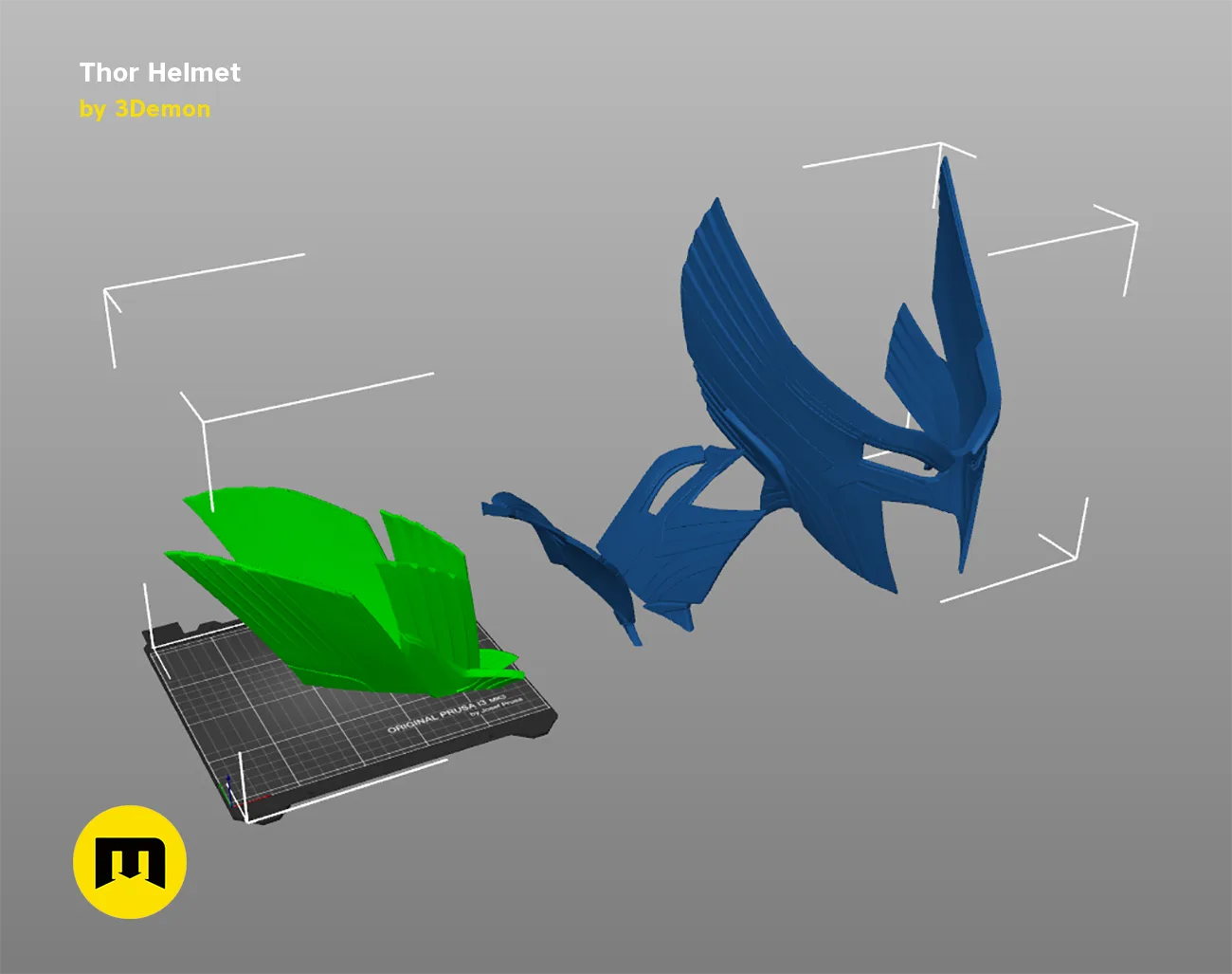 Slicer screenshot of Thor Helmet (Love and Thunder) STL, blue and green parts on Prusa print bed