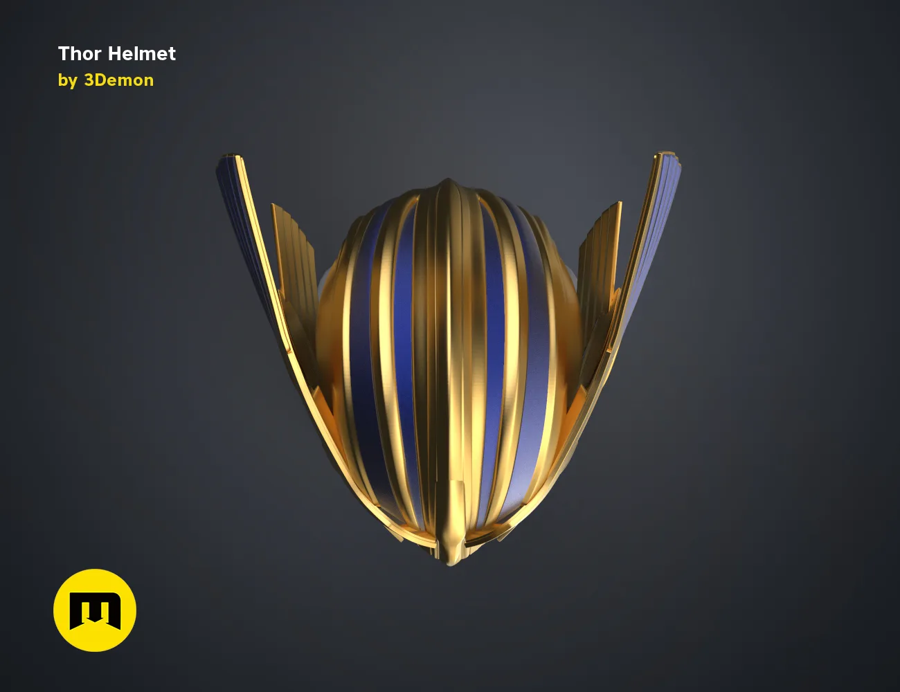 3D model render of Thor Helmet Love and Thunder, golden ribbed design, 3D print cosplay prop