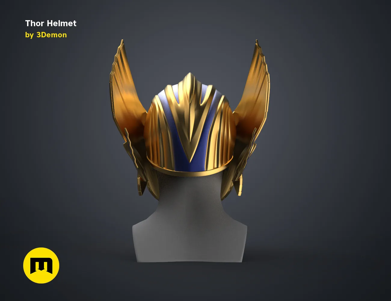 3D visualization of Thor Helmet (Love and Thunder), golden wings with blue center, 3D print cosplay accessory.